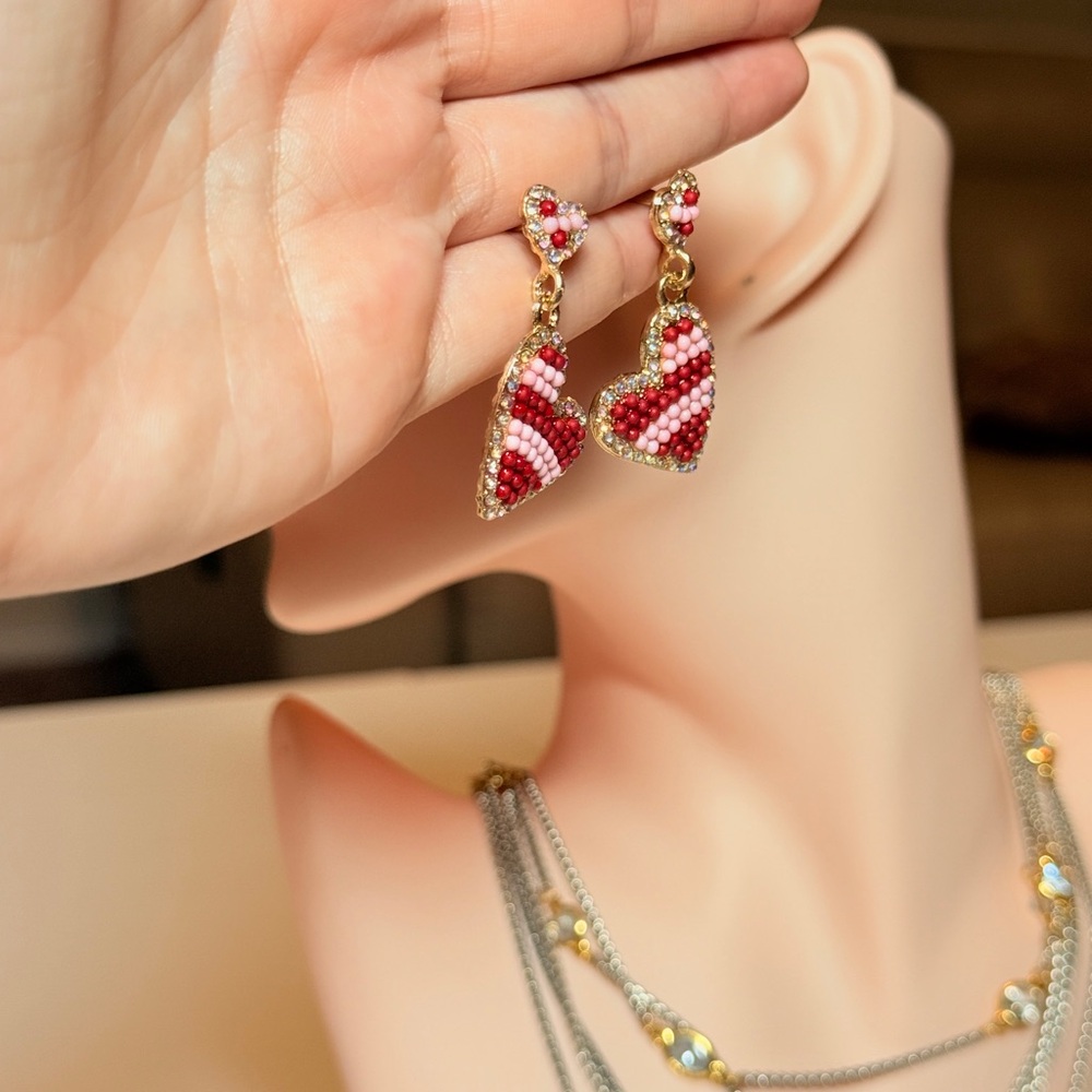 Red Beaded Heart Drop Earrings - Women Jewelry - Picture 11 of 11